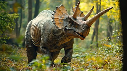 Obraz premium Triceratops Dinosaur Walking Through a Forest