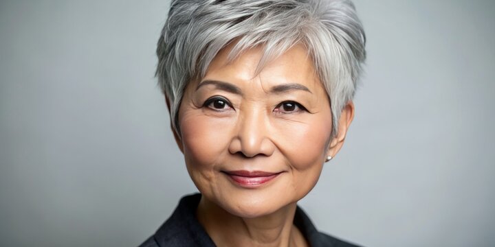Beautiful and confident older Asian woman with grey pixie haircut. Mature haircut on fine hair. Concept of natural and positive ageing.