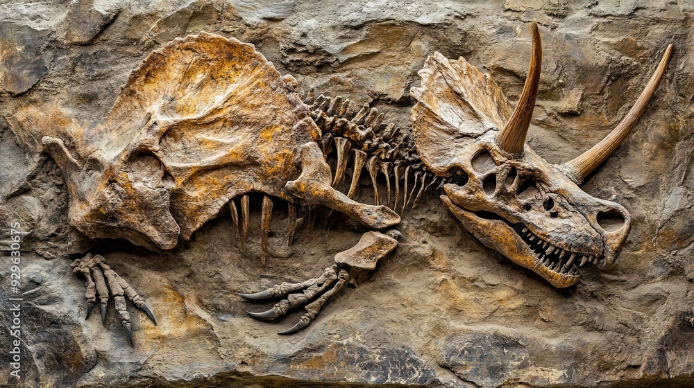 Poster triceratops dinosaur fossil skeleton embedded in rock