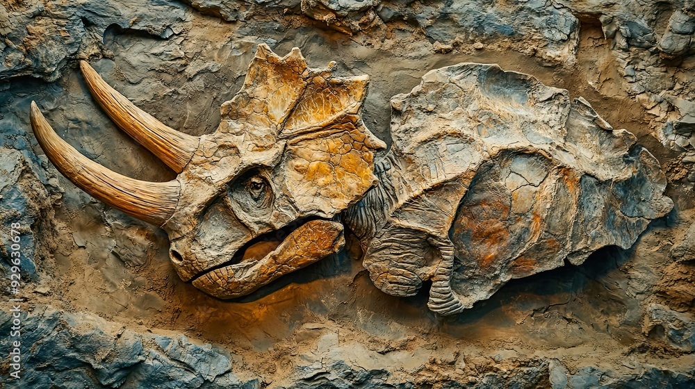 Poster fossilized triceratops skull and horn embedded in stone