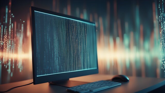 A computer monitor is on a desk with a keyboard and mouse
