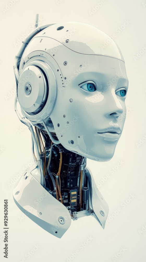 Poster ai robot head, with circuits and sensors, in a futuristic lab, soft task lighting
