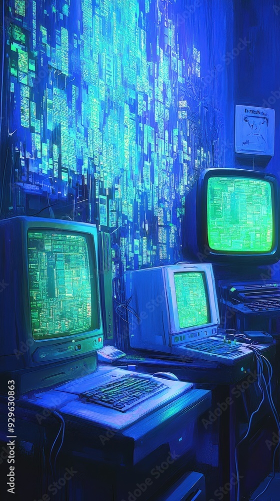 Aufkleber ai research lab, with computers and algorithms, in a futuristic setting, cool ambient lighting