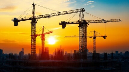 Construction Cranes at Sunset.