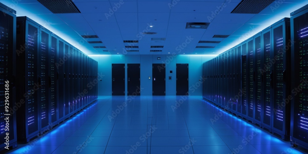 Poster futuristic data center with neatly arranged servers and bright b