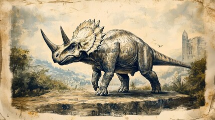 Fototapeta premium A Triceratops Dinosaur on a Rocky Cliff with a City in the Background