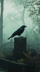 Black raven, perched on a tombstone, in a misty graveyard, with dead trees in the background