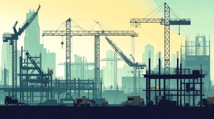 Construction Cranes against a Sunset Skyline.