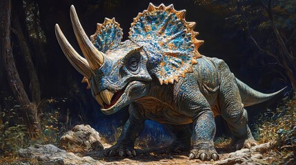 Fototapeta premium A Triceratops Dinosaur Roaming Through a Forest