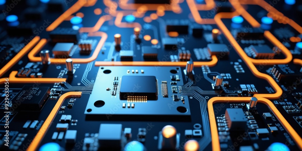 Poster close-up view of printed circuit board (pcb) with scattered elec