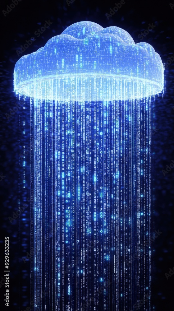 Poster cloud server, floating among digital clouds, with binary code in the background, cool ambient lighti