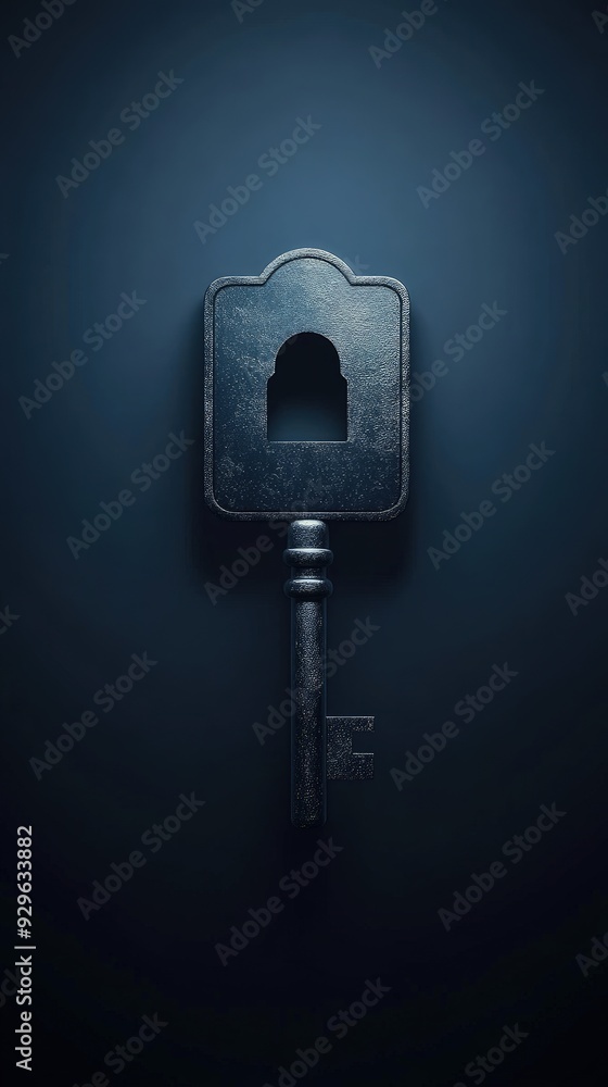 Poster data encryption, represented by a digital lock and key, glowing in a dark environment, cool ambient 