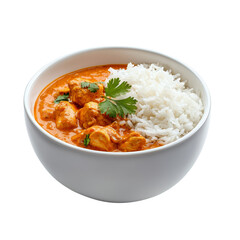 Delicious curry chicken served with steamed rice in a white bowl, garnished with fresh herbs