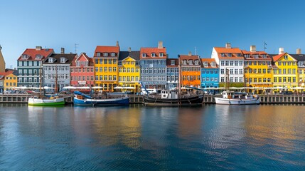 Fototapeta premium A vibrant waterfront scene featuring colorful buildings and boats by the water.