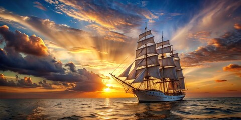Obraz premium Tall ship with full sails gliding into a dramatic sunset on the ocean