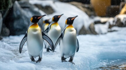 Obraz premium Penguins waddling along an icy shoreline, representing marine life in cold-water habitats.