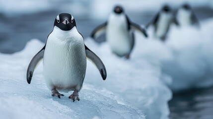 Penguins waddling along an icy shoreline, representing marine life in cold-water habitats.