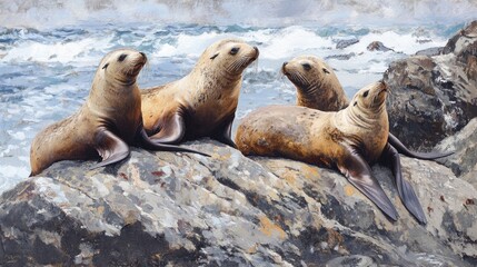 Obraz premium Playful sea lions basking on a rocky shoreline, capturing their social and curious nature.