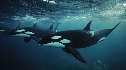 Obraz premium Pods of orcas swimming in the ocean, showcasing their family-oriented behavior and strength