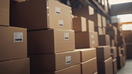 Product boxes stacked and labeled, ready for shipping, emphasizing the scale of online business operations.