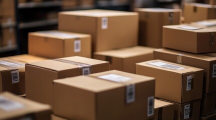 Fototapeta premium Product boxes stacked and labeled, ready for shipping, emphasizing the scale of online business operations.