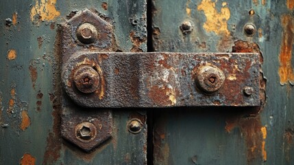 Rusty gate hinge with visible corrosion, creating a gritty and industrial old-world charm.