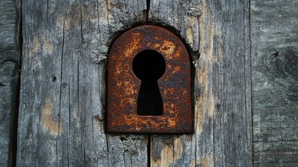 Rusty keyhole on a worn wooden surface, evoking a sense of mystery and antiquity.