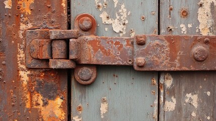 Rusty gate hinge with visible corrosion, creating a gritty and industrial old-world charm.