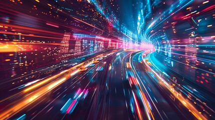 A vibrant, abstract representation of speed and motion through a futuristic cityscape.