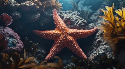 Starfish resting on the ocean floor among coral and seaweed, displaying its unique shape and texture.