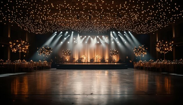 Grand ballroom adorned with elegant decorations and lights, capturing the excitement of an upscale celebration