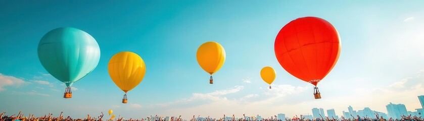 Outdoor festival with giant helium balloons floating in the sky, surrounded by a crowd of celebrating people