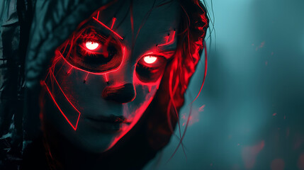 A creepy man with neon eyes walks through the darkness