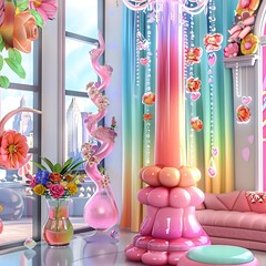 A vibrant, colorful interior featuring floral decor and whimsical furniture.