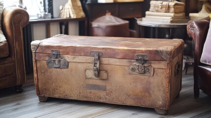 Vintage travel trunk with worn leather and faded labels, ideal for a nostalgic travel theme.
