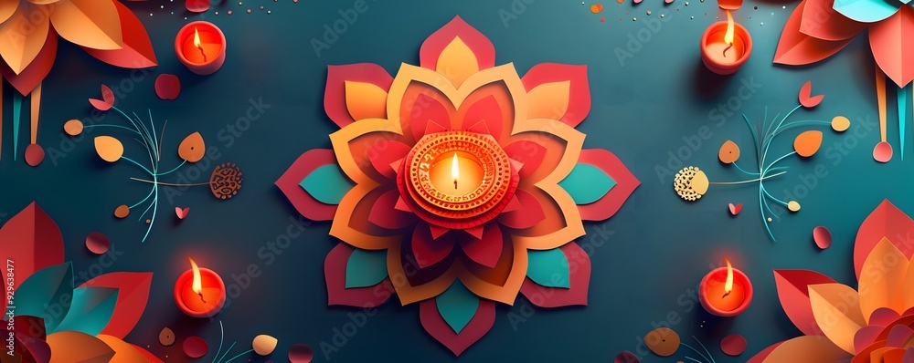 Wall mural Paper Flower Mandala with Burning Diyas for Diwali