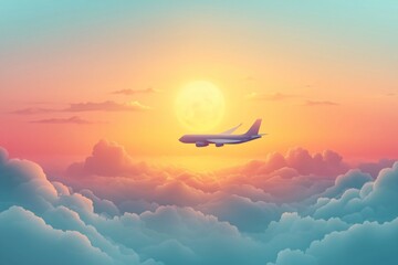 A serene image of an airplane cruising above a blanket of fluffy clouds during a vibrant sunset. 
