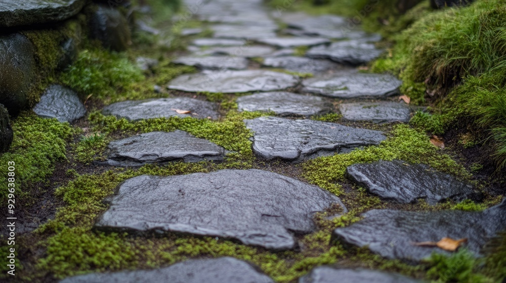 Aufkleber weathered stone path with moss and cracks, creating a rugged and ancient feel. -