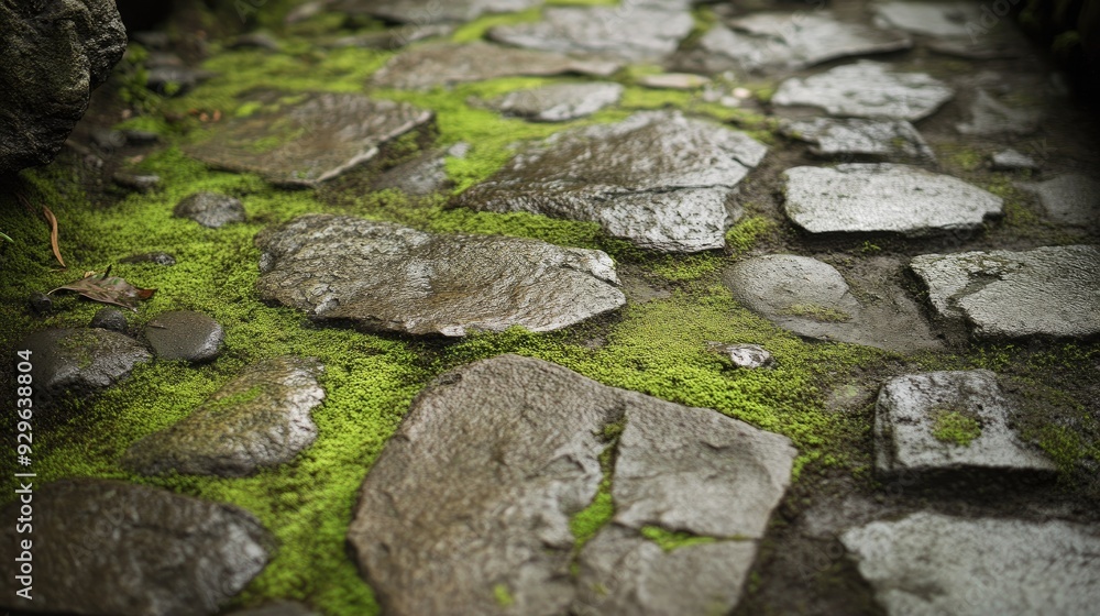 Poster weathered stone path with moss and cracks, creating a rugged and ancient feel. -