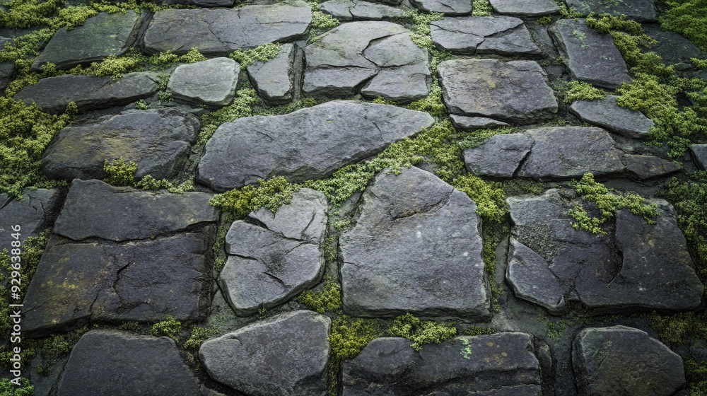 Poster weathered stone path with moss and cracks, creating a rugged and ancient feel. -