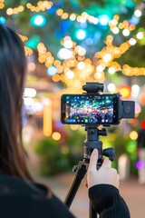 A content creator capturing live footage for social media stories with a smartphone and professional equipment