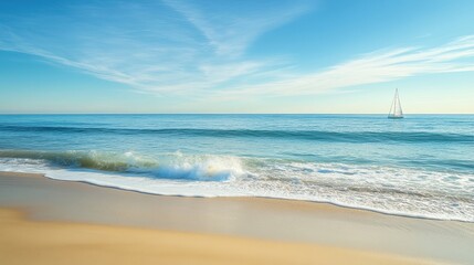 A serene beach scene with gentle waves and a sailboat in the distance under a clear sky.