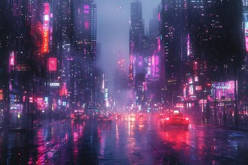 Rainy Night in a Cyberpunk City Illustration