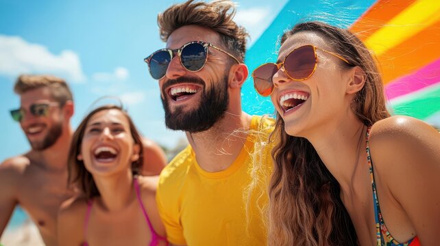 Diverse group of friends laughing and enjoying themselves at a colorful beach party