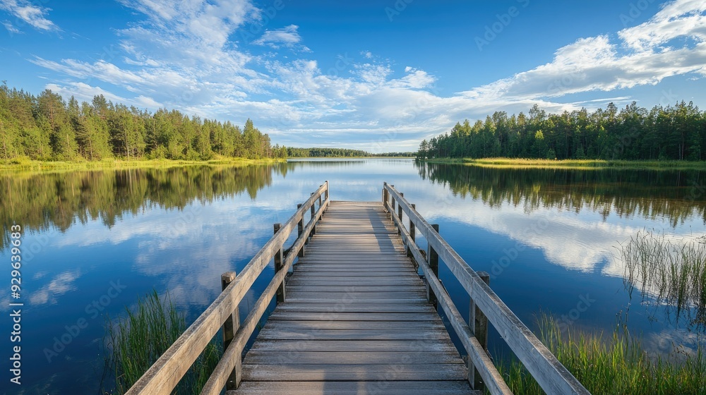 Poster wide view of an empty wooden boardwalk extending over a calm lake.