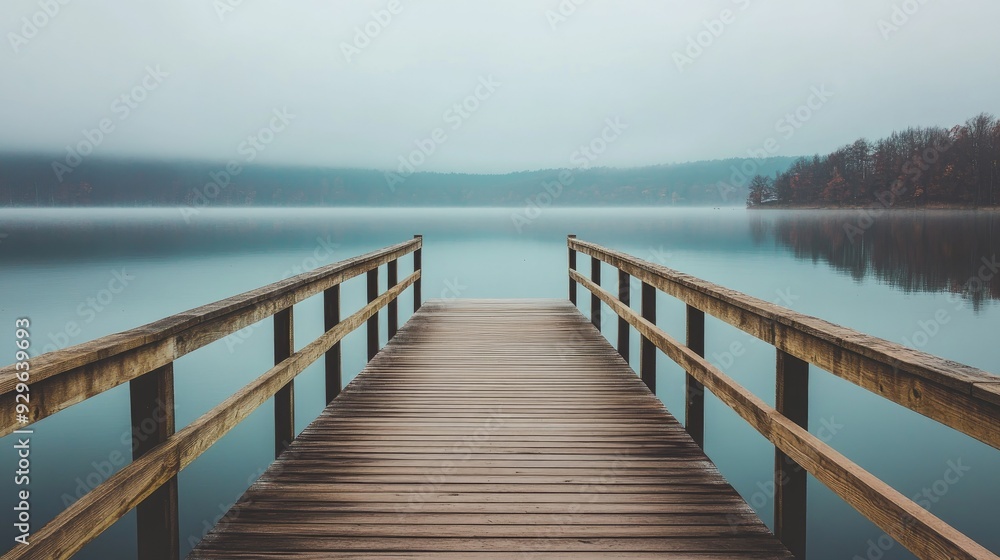 Poster wide view of an empty wooden boardwalk extending over a calm lake.