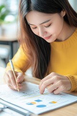 A social media strategist analyzing engagement data and planning future content with graphs and charts