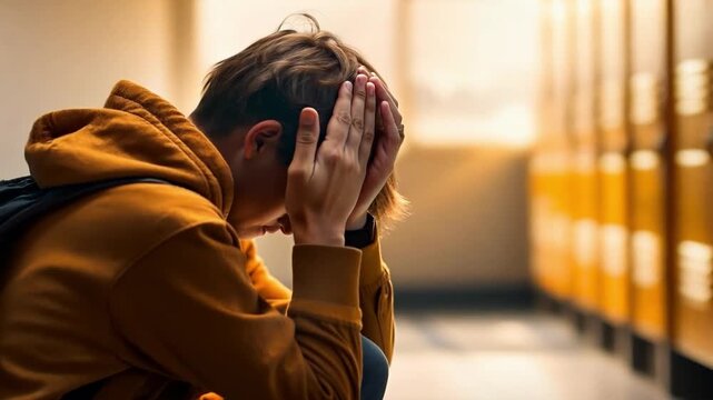 Upset boy sitting by locker against school corridor and crying after bullying by pupils classmates. The man covered his face with his hands and cries. Schoolchildren baiting. Generative AI