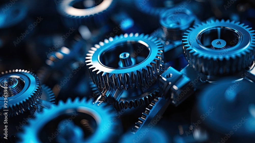 Poster a close-up of interlocking blue gears, emphasizing precision and technology in a futuristic setting.