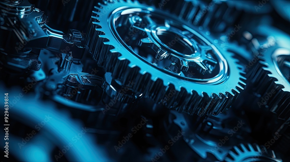 Poster a close-up of interlocking blue gears, emphasizing precision and technology in a futuristic setting.